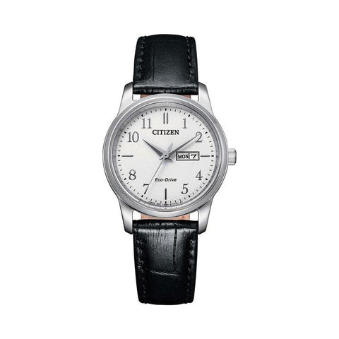 Citizen Eco-drive White Analog Black Leather