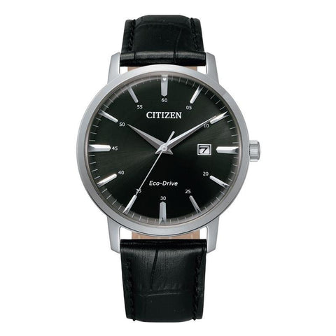 Citizen Eco-Drive dress watch with a 40mm stainless steel case, black dial, and elegant black ox hide leather band.