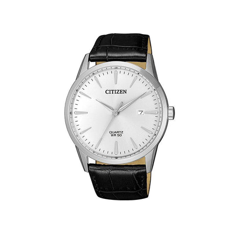 Citizen gents quartz watch featuring a 39mm stainless steel case, silver dial with date display, and black ox hide leather strap.