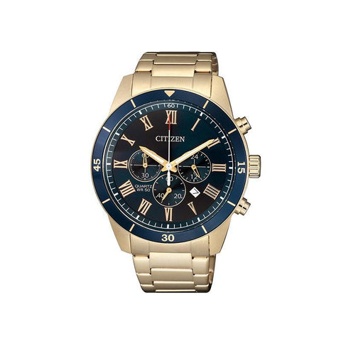 Citizen gents 44mm quartz chronograph watch in rose gold-plated stainless steel with a blue dial and Roman numeral markers.