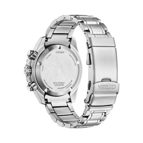 Stainless steel case back and bracelet of the Citizen Promaster Eco-Drive chronograph watch with secure buckle.