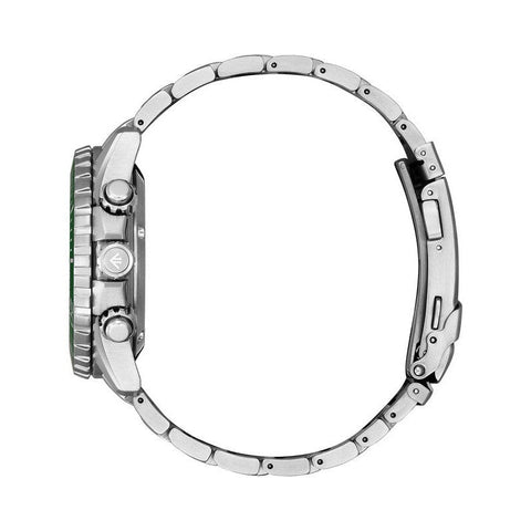 Side view of Citizen Promaster Eco-Drive chronograph with stainless steel bracelet and bold green bezel.
