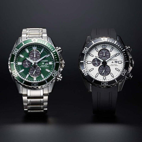 Citizen Promaster Eco-Drive chronograph watches with green and white dials, stainless steel and rubber straps.